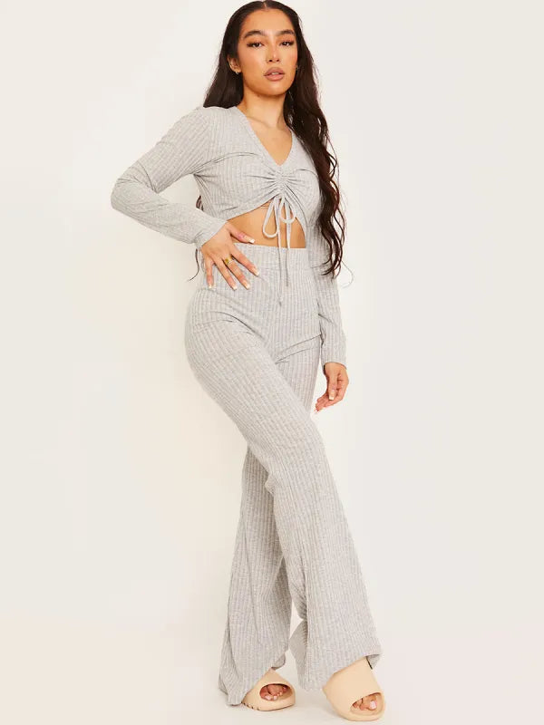Ribbed Ruched Crop Top & Flared Trouser