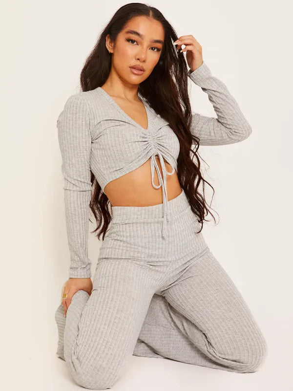 Ribbed Ruched Crop Top & Flared Trouser