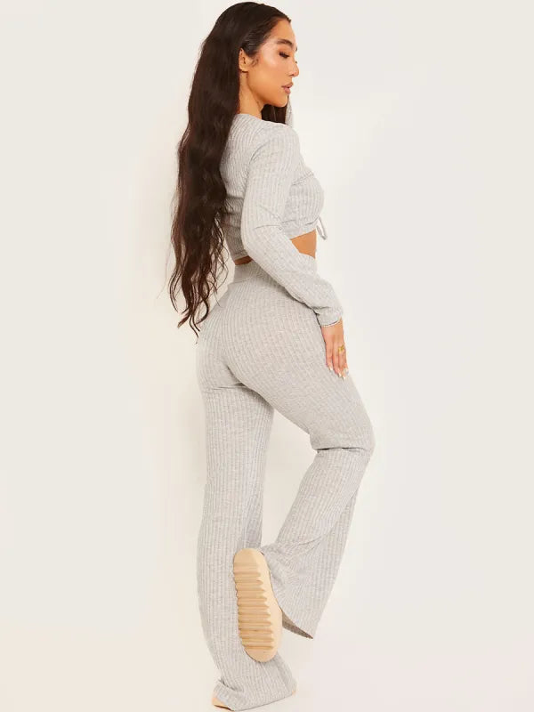 Ribbed Ruched Crop Top & Flared Trouser
